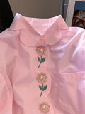 Pink Blouses Women Button Up Shirts French Embroidery Floral Loose Long Sleeve Cotton Casual Spring Sweet Chic Tops