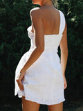 One Shoulder White Cotton Ruched Short Summer Dress Bowknot Beach Sundress Women Sleeveless Solid Dress