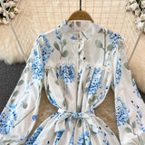 Women's Elegant Blue Floral Lantern Sleeve Knee Length A Line Dress Spring Summer Lady Sweet O Neck Single Breasted Dress