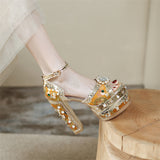 goosudu Luxury Gold Metallic Women Sandals Studded Square Heels Female Shoes Platform Flower Crystal Sexy Peep Toe Summer Ladies Pumps