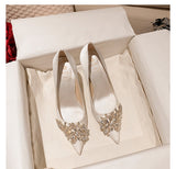 goosudu Spring New White Women Bridal Wedding Shoes Faux Silk Satin Rhinestone Crystal Shallow Pumps Stiletto High Heel T