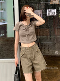 Khaki Women's Cargo Denim Short Pants High Waist Wide Leg American Streetwear Summer Vintage Casual Baggy Straight Cargo Trouser