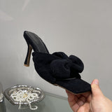 goosudu New Brand Corduroy Square Toe Women Slipper Fashion Bow-knot Ladies Elegant Slides Thin High Heel Sandal Shoes