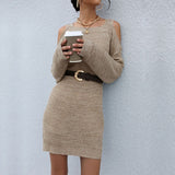 Jenvon Coran Women Autumn Winter Knited Sweater Dresses,  Pullover Tunics, Female Sexy Off The Shoulder Long Sleeve Mini Dress.