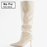 goosudu Ins Women Real Leather Knee High Boots For Women Winter Shoes Sexy Party Thin Heel Boots Ladies Footwear Size 34-43