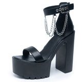 goosudu Open Toe Metal Chain Chunky Heeled Strappy Sandals For Women Platform Block High Heels Summer Black Punk Shoes Woman