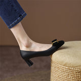 Pumps Shoes Women Mid Heel Spring Sheepskin Square Toe Thin Heel Metal Decoration Party Black Handmade Shoe Big Size 42