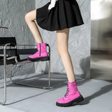 Lace Up Pink Ankle Boots Woman Patent Leather Platform Motorcycle Boots Woman Thick Heels Zipper Short Booties