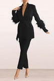 Goosudu Solid Color Feather Trim Elegant Belted Pant Suit