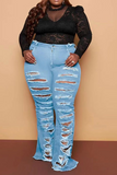 Goosudu Casual Solid Ripped Plus Size Jeans