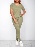 Goosudu Solid V-Neck Tee & Pants Set