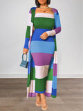 Goosudu Colorblock Ribbed Dress & Cardigan Set