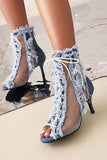 Goosudu Patchwork Unusual Lace-Up Denim Burrs Sandals