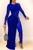 Goosudu Sexy Asymmetric Mesh Stitching Rhinestone Jumpsuit