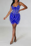 Goosudu Rhinestone & Beaded Decor Hot Tassel Trim See-Through Mini Dress