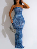 Goosudu Denim-Print Strapless Dress