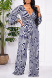 Goosudu Fashion Deep V Neck Balloon Sleeve Print Jumpsuit