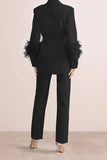 Goosudu Solid Color Feather Trim Elegant Belted Pant Suit