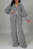 Goosudu OL Houndstooth Lantern Sleeve Belted Jumpsuit