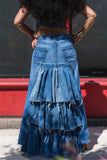 Goosudu Hyperbolic Patchwork Tiered Ruffle Denim Skirt