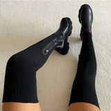 Goosudu Platform Heels Round Head Leather Knit Stitching Over-the-knee Female Boots