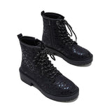 Goosudu Women Sexy Sequin Lace-Up Ankle Chunky Heel Boots