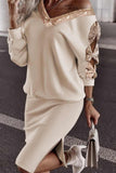 Goosudu Casual Patchwork Bandage Sequins Slit V Neck Long Sleeve Two Pieces