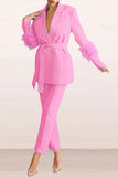 Goosudu Solid Color Feather Trim Elegant Belted Pant Suit