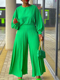 Goosudu Pleated Puff-Sleeve Top & Wide-Leg Pants Set