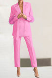 Goosudu Solid Color Feather Trim Elegant Belted Pant Suit