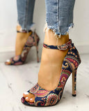 Goosudu Ethnic Print Peep Toe Ankle Strap Thin Heeled Sandals