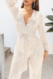 Goosudu Sexy V-neck Sequin Lace Up Long Sleeve Wide Leg Jumpsuit