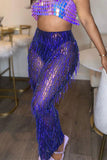 Goosudu Sequined Tassel Party See-Through Micro Flared Pants