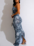 Goosudu Denim-Print Strapless Dress