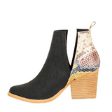 Goosudu Slip On Cutout Pointed Toe Snakeskin Mid Heel Ankle Boots