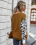 Goosudu Clearance Women's off Shoulder Knitted Color Block Sweater Leopard Print Sweater