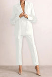 Goosudu Solid Color Feather Trim Elegant Belted Pant Suit