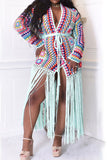 Goosudu Colorful Geometric Crochet Belted Tassel Cardigan