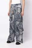 Goosudu Denim Print Boyish Multi Pocket Pants