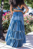 Goosudu Hyperbolic Patchwork Tiered Ruffle Denim Skirt