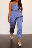 Goosudu Satin Solid V-neck  Elastic Waist Pocket Jumpsuit