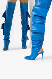 Goosudu Color Block Pockets Chic Pointed Toe Stiletto Denim Boots