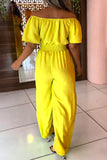 Goosudu Temperament Off Shoulder Smocked Short Sleeve Solid Color Wide-Leg Jumpsuits