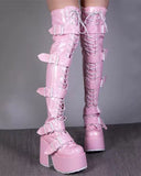 Goosudu Buckled Design Whimsical Strappy Chunky Boots