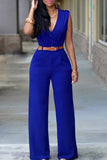 Goosudu Elegant Solid Color V Neck Belt Sleeveless Jumpsuits