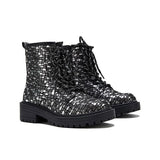 Goosudu Women Sexy Sequin Lace-Up Ankle Chunky Heel Boots