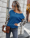 Goosudu Clearance Women's off Shoulder Knitted Color Block Sweater Leopard Print Sweater