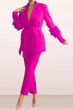 Goosudu Solid Color Feather Trim Elegant Belted Pant Suit