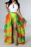 Goosudu Gradient Elegant Tiered Ruffle High Low Skirt