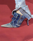 Goosudu Patchwork Modern Pointed Toe Denim Heels